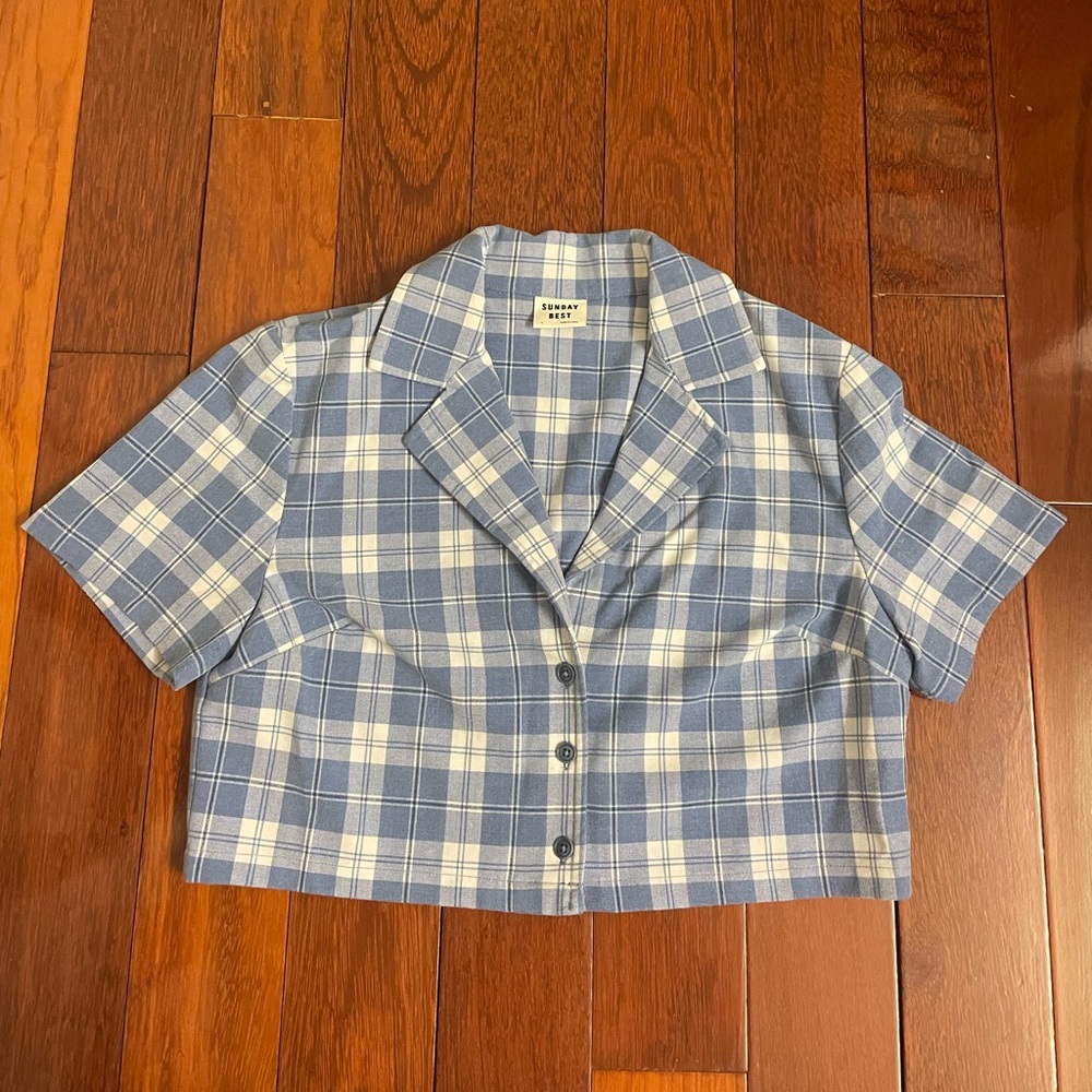 Sunday Best Blue and White Plaid Cropped Button-Front Shirt